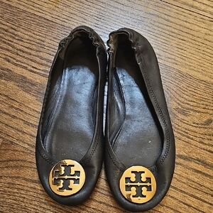 Tory Burch Black Flats with Gold Logo